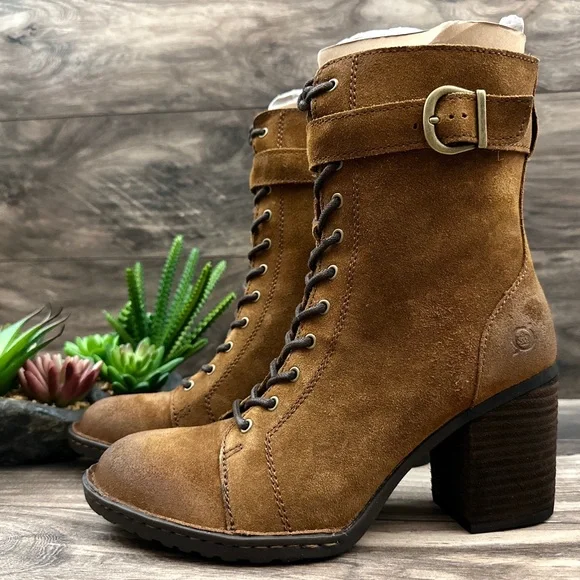 NIB Born Cass Block Heel Lace Up Distressed Suede Ankle Combat Boots Rust - Picture 4 of 13